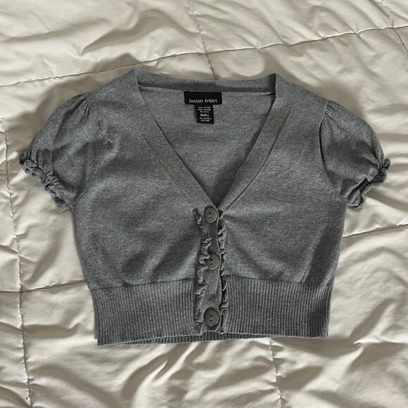 Y2K Vintage Gray Cropped Cardigan Sweater Puff Sleeves from Sweater Project - Picture 1 of 8